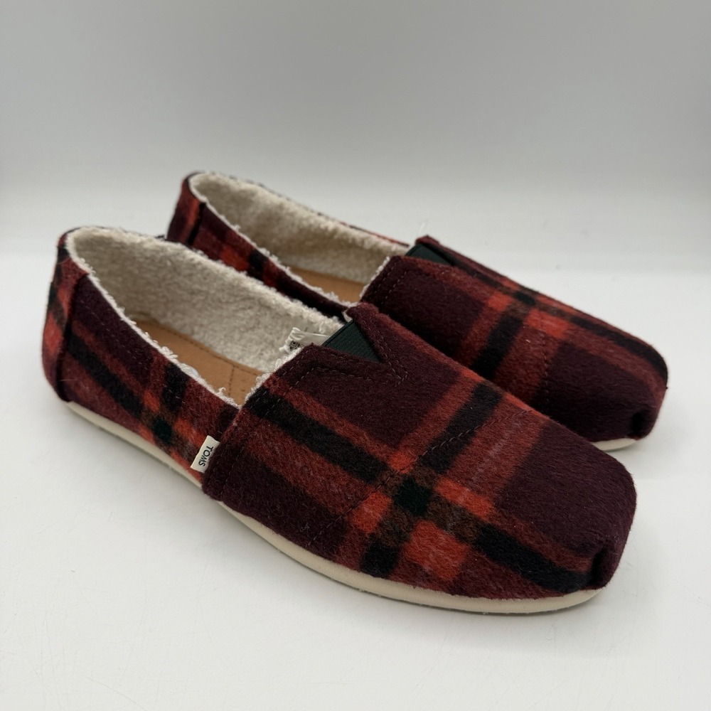 TOMS Alpargata Flats Womens Sz 9 Red Plaid Faux Shearing Lined Slip On Shoes